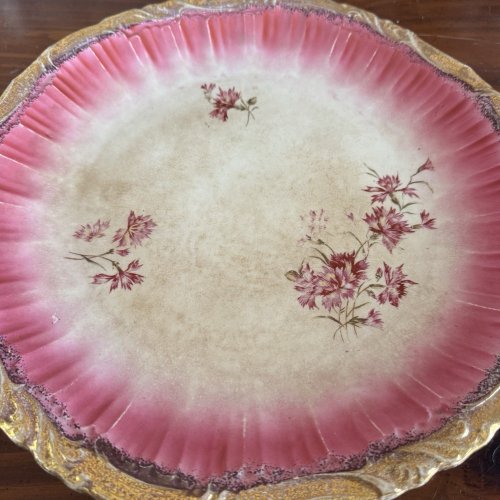 Antique Pink Floral Plate Gold Gilt Rim Victorian Art Nouveau Charger - Picture 7 of 8